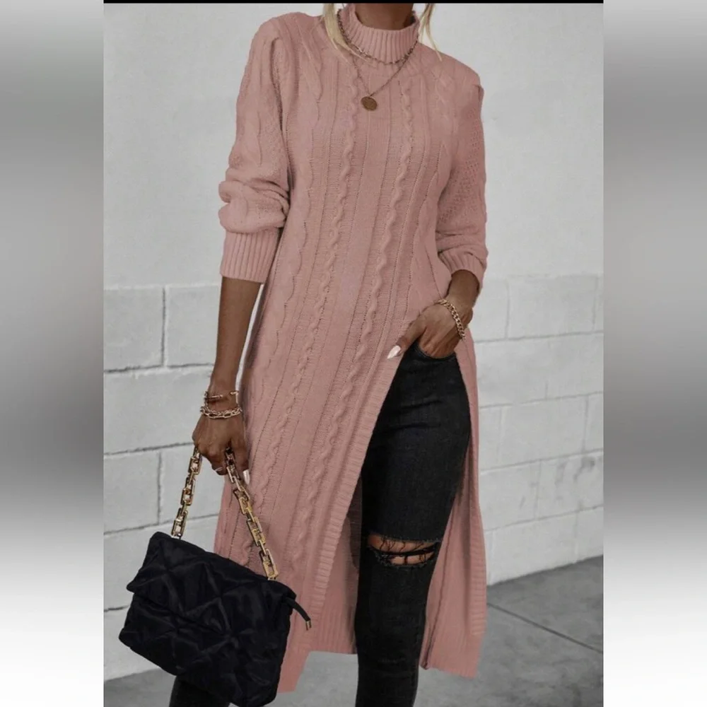 Luxe red high neck cable knit slit thigh sweater top